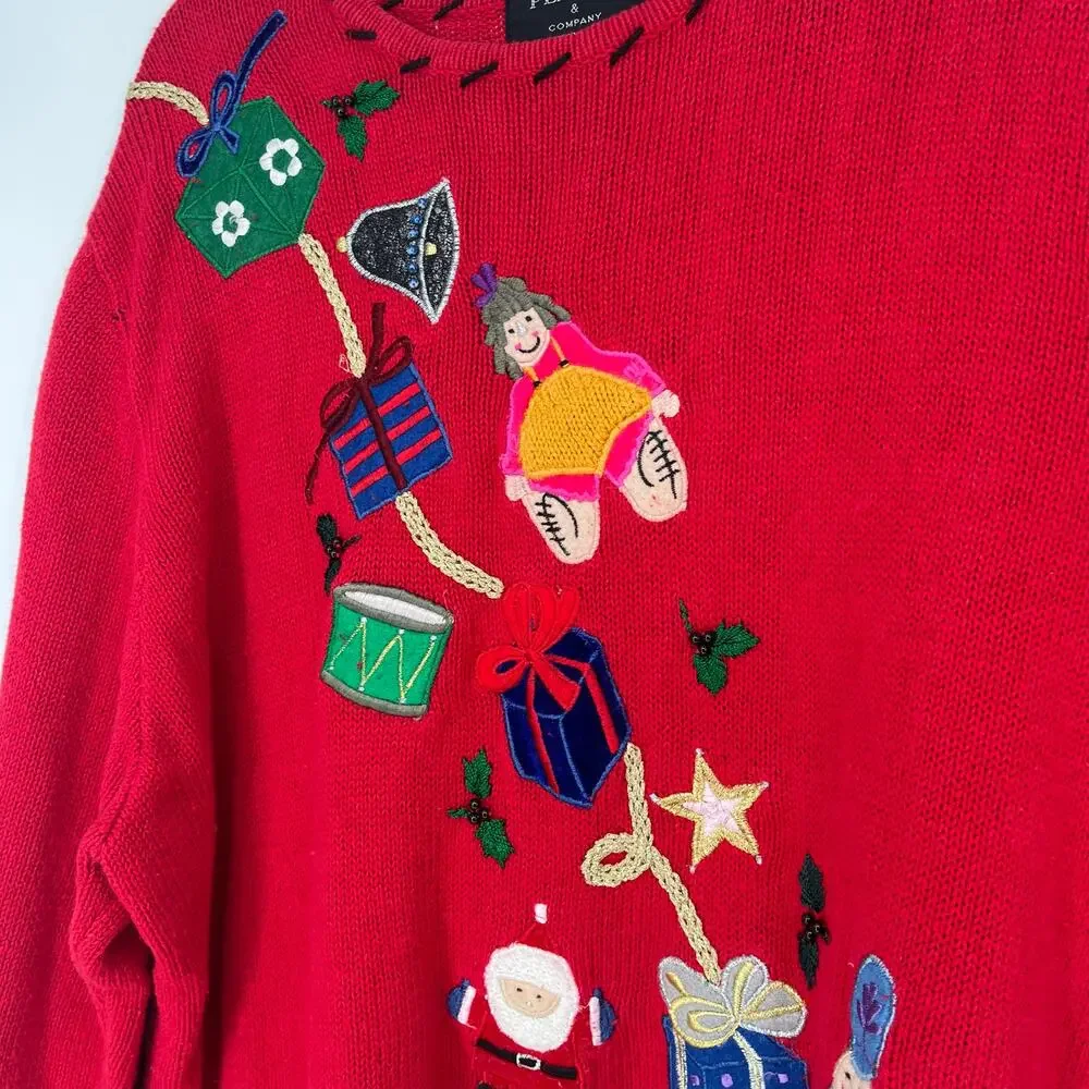 Vintage Red Christmas Sweater Embroidered Santa Toys Gifts Holiday Pullover